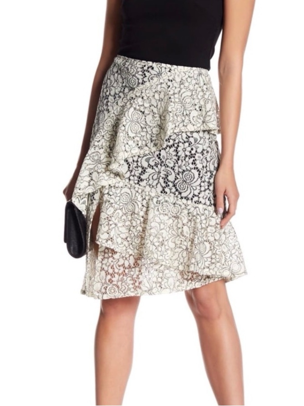 Nanette Lepore Cream Lace Asymmetrical Ruffle Skirt